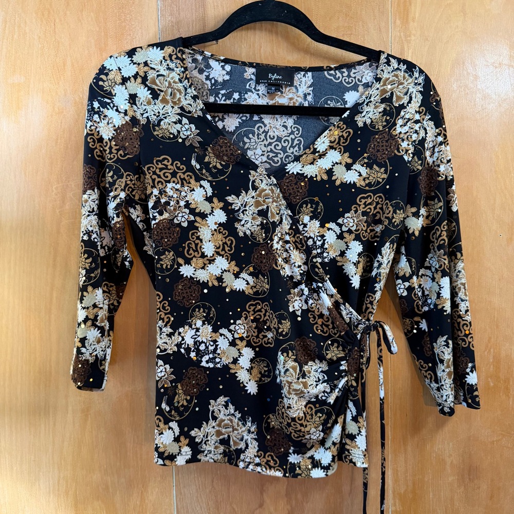 Vintage‎ 90s Y2K Whimsygoth Wrap Top Metallic Gold Floral Paisley Blouse M